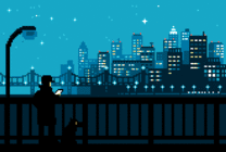 卡通男孩拿着手机站在桥头看城市的夜景gif图片