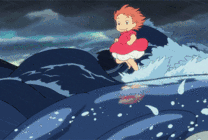 卡通小孩踩着鲸鱼在大海上奔跑gif图片