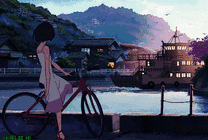 骑自行车的卡通女孩在湖边看风景gif图片