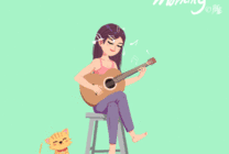 卡通女孩坐在凳子上弹吉他GIF图片