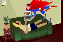 懒人躺在沙发上玩电脑超人为其保驾护航gif图片