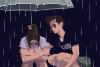 两人雨中撑伞动画图片