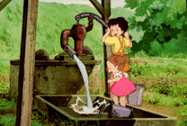 两个卡通小孩压水井压水玩耍gif图片