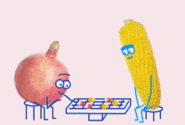 卡通玉米与石榴在下棋gif图片