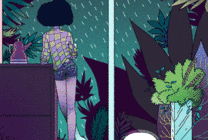 长腿的卡通女孩站在窗边看外面下雨gif图片