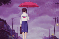 一位卡通小女孩在雨中打着雨伞等人gif图片