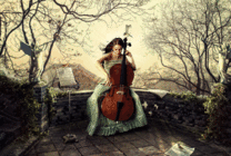 小女孩坐在公园的一角拉大提琴gif图片