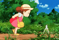可爱的卡通小女孩在田间追赶小兔子gif图片