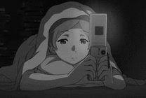 卡通小女孩黑夜趴在被窝里玩手机gif图片