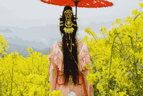 油菜花田里一位漂亮的女孩打着红色的雨伞gif图片