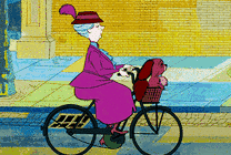 一位卡通老太太骑着自行车戴着狗狗gif图片