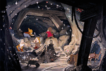 卡通小矮人在山洞里挖矿gif图片