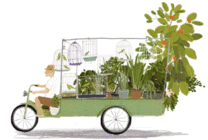 卡通小孩骑着三轮车拉着一车的鸟笼和植物gif图片