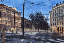 无轨电车开在无人的街道动画图片