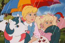 卡通女孩在大雨中打着雨伞保护山羊gif图片