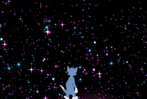 一只卡通小猫看着漫天的繁星星光闪闪gif图片