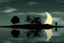 美丽的湖心岛上一轮弯月映衬的十分美丽gif图片