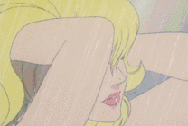 卡通长发女孩在大雨中抚摸自己的秀发样子很美GIF图片