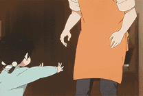 卡通小孩子进屋抱起妈妈的腿GIF图片