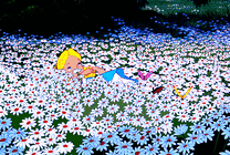 卡通公主躺在花丛里睡觉蝴蝶在头上飞来飞去gif图片