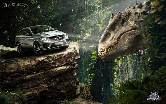图片描述：奔驰汽车，奔驰，侏罗纪公园，恐龙,尺寸：2560X1600px 