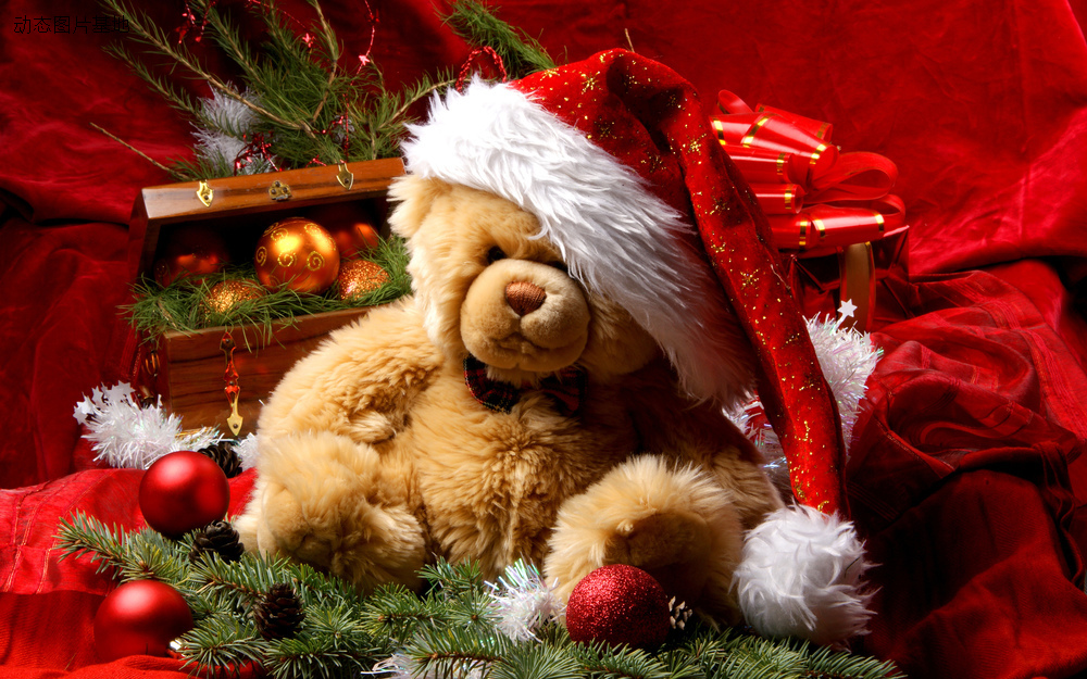 图片描述：快乐，圣诞节，圣诞，圣诞帽，泰迪熊,尺寸：2560X1600px 