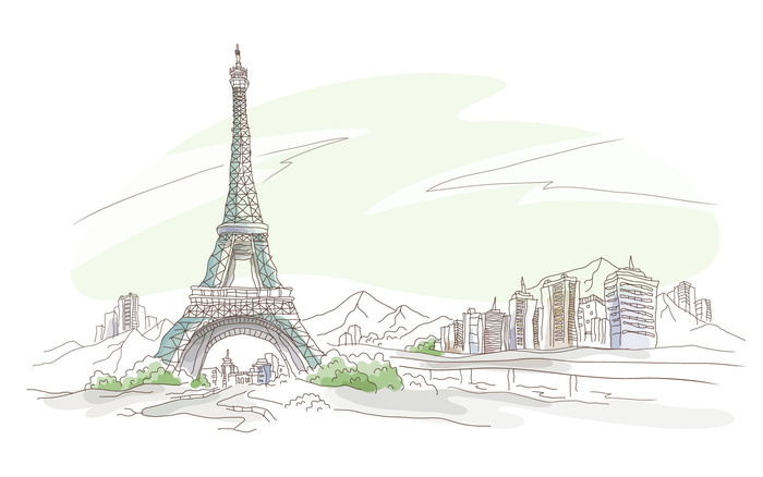 图片描述：埃菲尔铁塔，巴黎铁塔，手绘,尺寸：1920X1200px 
